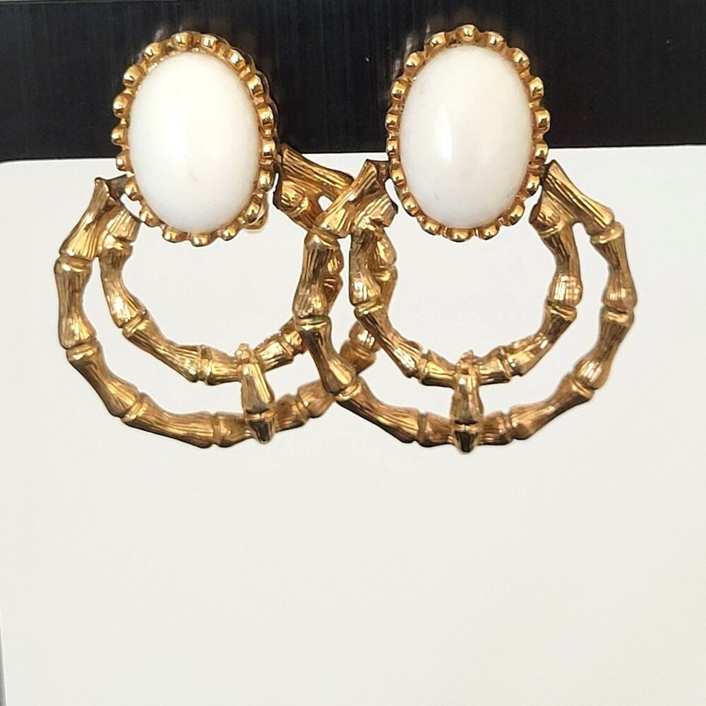 Bergere Dangle Clip On Earrings Gold Tone With White Bead Accents Vintage